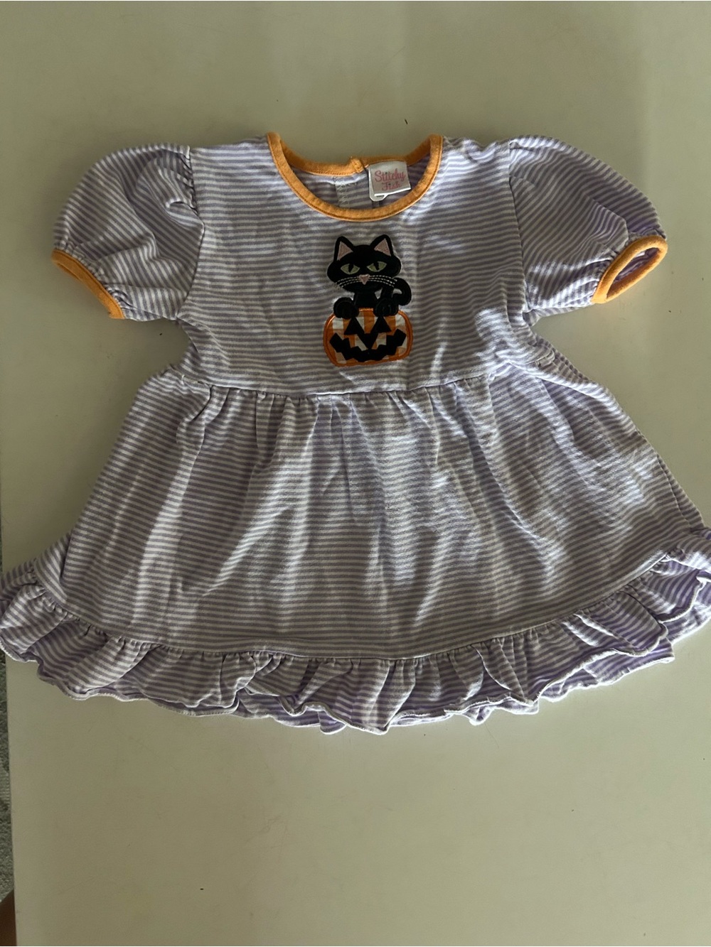 Stitchy Fish Purple Striped Dress with Halloween Cat and Pumpkin Applique | 2T